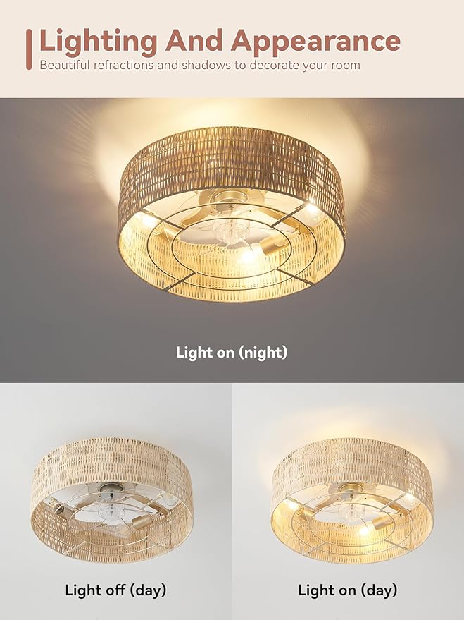 Low Profile Ceiling Fans with Lights, 20" Boho Rattan Ceiling Fan with Light Flush Mount and Remote Control, Drum Caged with 6 Speeds for Bedroom, Nursery, Living Room (Beige)