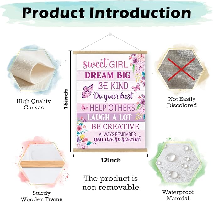 Qswo Positive Affirmations Wall Decor for Girls,Sweet Girl Dream Big Pink Wall Art Poster Hanger Frame,Inspirational Hanging Canvas Wall Decor for Girls Room Dorm Nursery