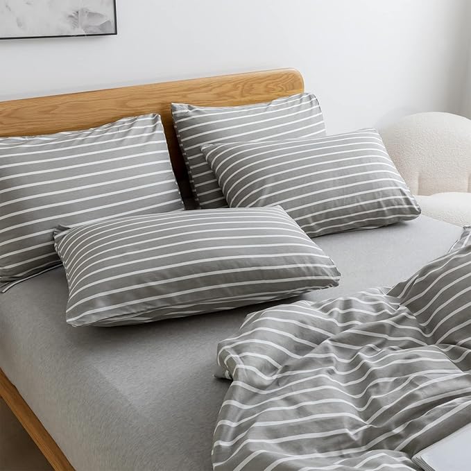 JELLYMONI King Duvet Cover Set, Cotton Duvet Cover 3 Pieces with Zipper Closure, 1 Duvet Cover and 2 Pillowcases(Gray with White Striped)