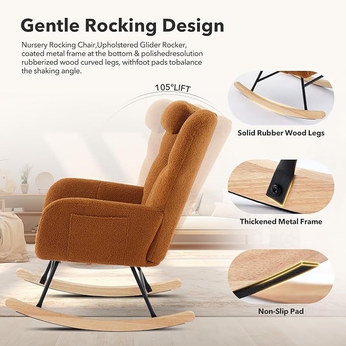 Rocking Chair Nursery Teddy Upholstered Baby Fluffy Glider Rocker for Adults Small Spaces Indoor Nursing Chair for Living Room Bedroom Classroom Beige Comfortable Durable Stylish-Brown