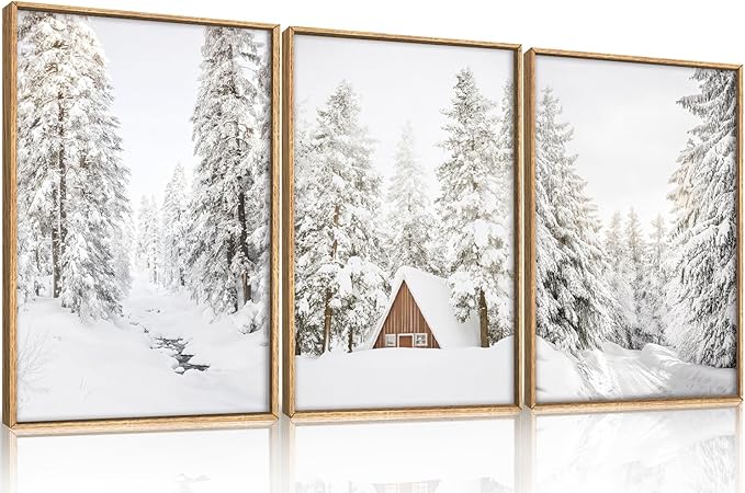 HLNIUC Christmas Snow Forest Framed Wall Art Set of 3, Large Winter Mountain Pine Tree Decor, Vintage White Cabin Landscape Canvas Art(16x24), Farmhouse Rustic Prints for Living Room, Bedroom, Office