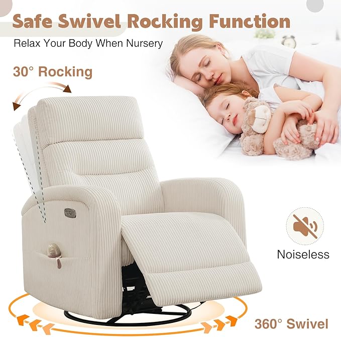 Power Nursery Swivel Recliner, Electric Rocking Recliner with USB and Type-C Port, Swivel Glider Nursery Recliners for Living Room,Corduroy White
