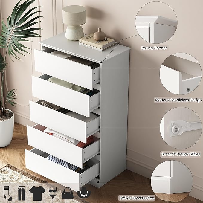 Dresser for Bedroom, Modern 48" Tall White 5 Drawer Dresser, Wood Chest of Drawers for Bedroom, Living Room, Entryway