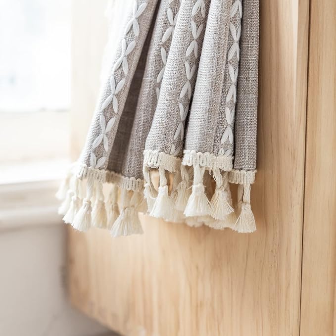 Deeprove Boho Curtains 96 Inches Long for Nursery Bedroom Christmas Decor, Vintage Bohemian Embroidery Weighted Cotton Linen French Country Window Treatments with Tassel,Natural W52 x L96, 1 Panel