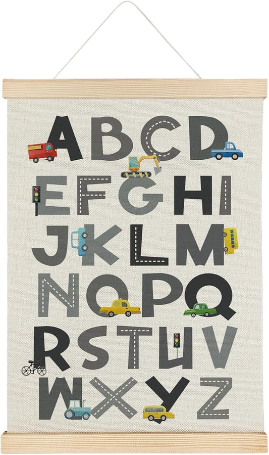 SereneHanctuary Car Alphabet Educational Learning Poster For Toddlers,Educational ABC Car Nursery Poster Hanger Frame for Nursery Boys Room Classroom Decor,12X16Inches