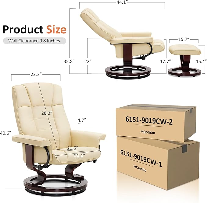 MCombo Manual Swivel Recliner with Ottoman, Chair Ottoman Set for RV Small Spaces, Living Room, Bedroom, Office 9019 4919 (Faux Leather, Cream White)
