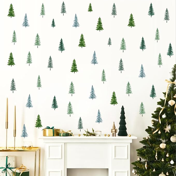 Small Pine Tree Wall Sticker Watercolor Green Tree Window Decals Forest Pine Window Stickers Green Trees Wall Decals Peel and Stick Small Pines Wall Stickers for Nursery Bedroom Kids Room Decor