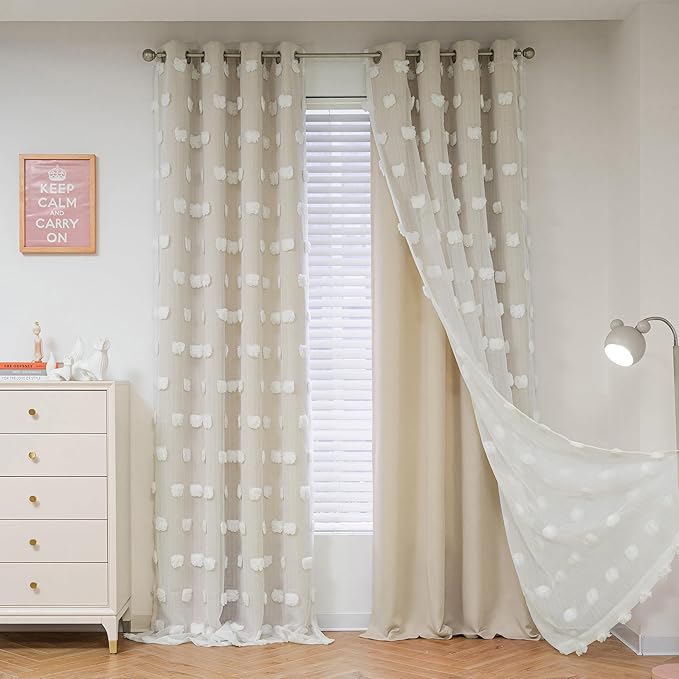 MYSKY HOME Beige Curtains for Living Room 95 Inches Long Nursery Curtains for Bedroom Double Layer Curtains White Pom Pom Sheer Curtains for Dining Room Grommet Room Darkening Window Panels W52 X L95