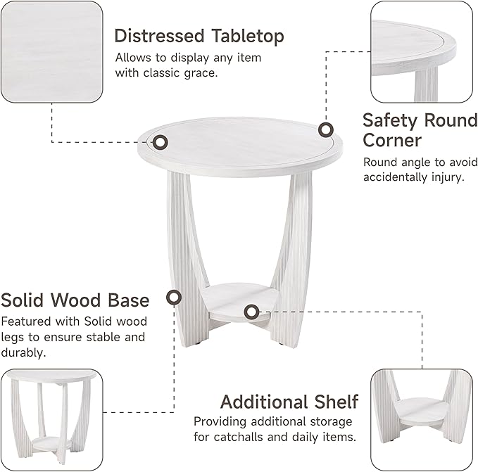 COZAYH Rustic Farmhouse end Table with Storage Shelf, French Country Accent Side Table for Family, Dinning or Living Room, Small Spaces, Modern, Round, White