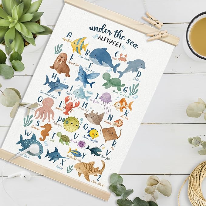 Voxitura Sea Animals Alphabet Poster Hanger Frame, Nursery Ocean Wall Decor Art Canvas for Playroom Kids Toddler Room Classroom, Cute Watercolor ABC Prints for Wall Hanging Decor Banner 12x16in