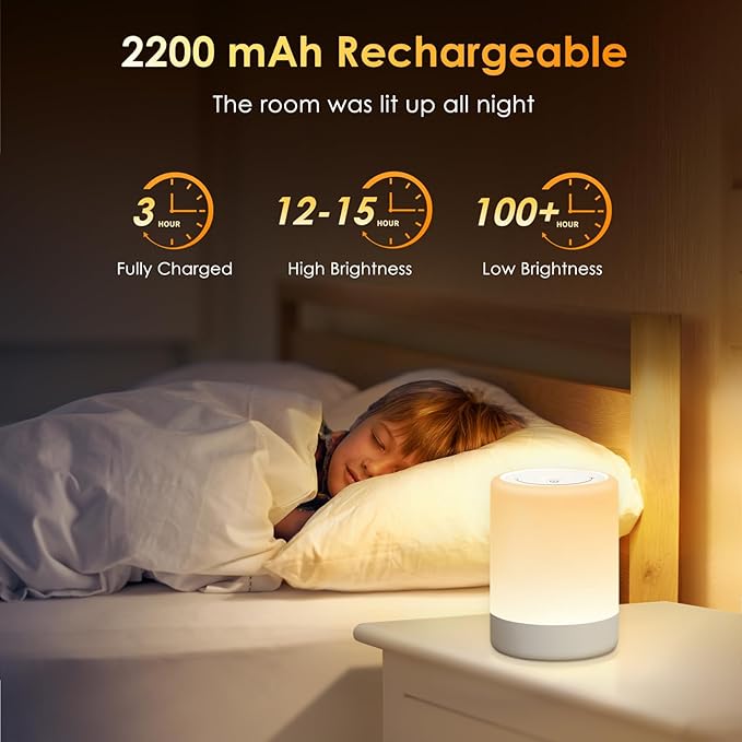 Nursery Night Light for Kids, 256 RGB Color Changing & Warm White Touch Bedside Lamp Wireless, 2200mAh USB Rechargeable LED Small Table Lamps for Bedroom, Dimmable Nursery Lamp with Memory