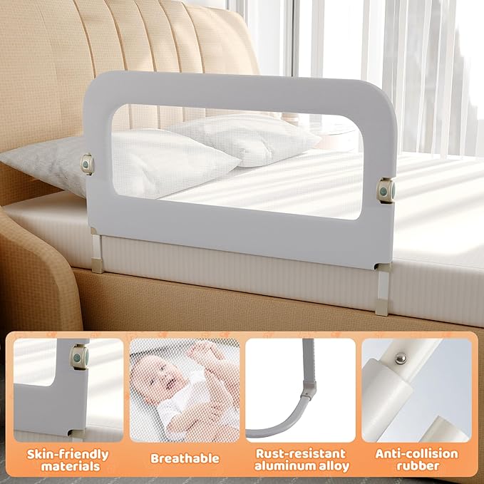 omzer Bed Guard Rail for Toddlers - 47inch Foldable & Adjustable Height Baby Bed Safety Side Rails - Large Toddler Crib Railing Guard for Twin, Bunk, Full Size, Queen & King, Full Size Bed Grey