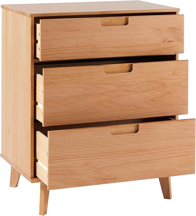 Walker Edison Sloane 3-Drawer Groove Handle Solid Pine Wood Dresser, 36 Inch, Natural Pine