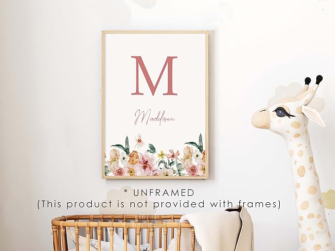 Personalized Name Flower Nursery Wall Art Prints, Crib & Nursery décor, Newborn Baby Girl Gift Present, Floral Baby Girl Room Pictures, Poster For Baby And Kids (1 Print, Flower 8)