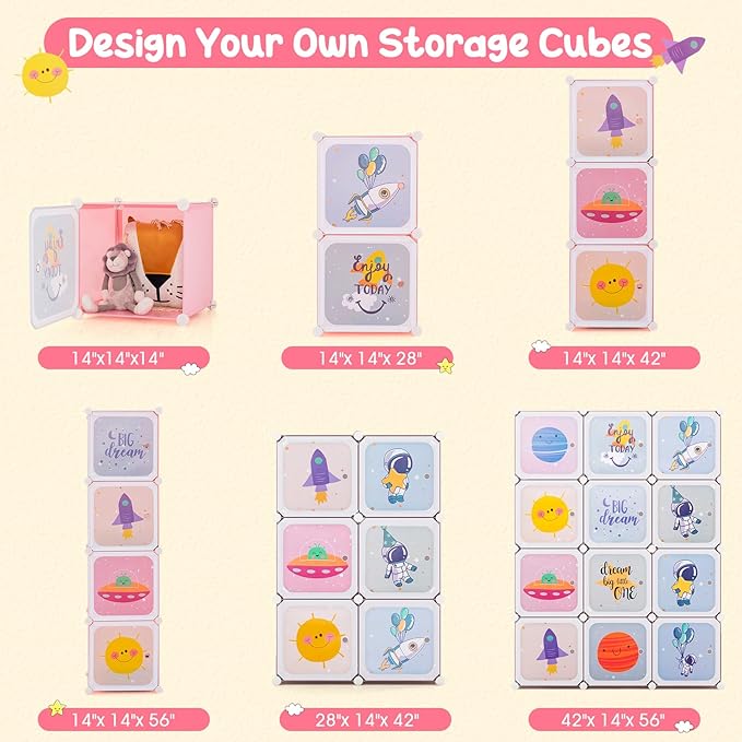 INFANS Children Wardrobe, Kid Closet Portable Baby Dresser Cute for Kids Bedroom Nursery Armoire with Doors 12 Cube 2 Hanging Sections, Kid Clothes Storage Organizer (Pink, 12 Cubes)