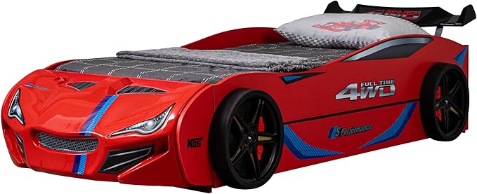 Furniture of America Redvers Modern Wood Twin-Size Kid Bed with Race Car Design and Pull-Out Trundle, No Box Spring Required for Toddler, Teens, Boys or Girls, Red