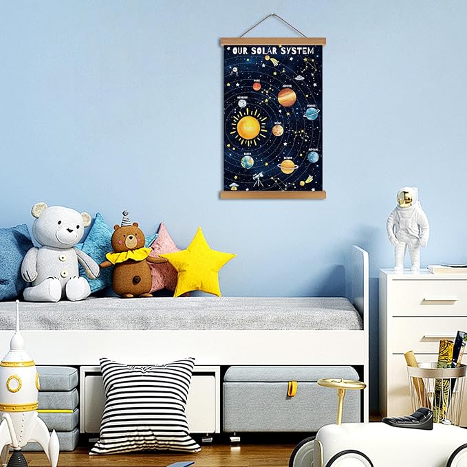 KAIRNE Our Solar System Decor With Wood Magnetic Hanger,Universe Hanging Posters(35X56CM) Outer Space Themed Wall Art,Children Planets Learning Canvas For Kids Boys Bedroom Space Playroom Decor