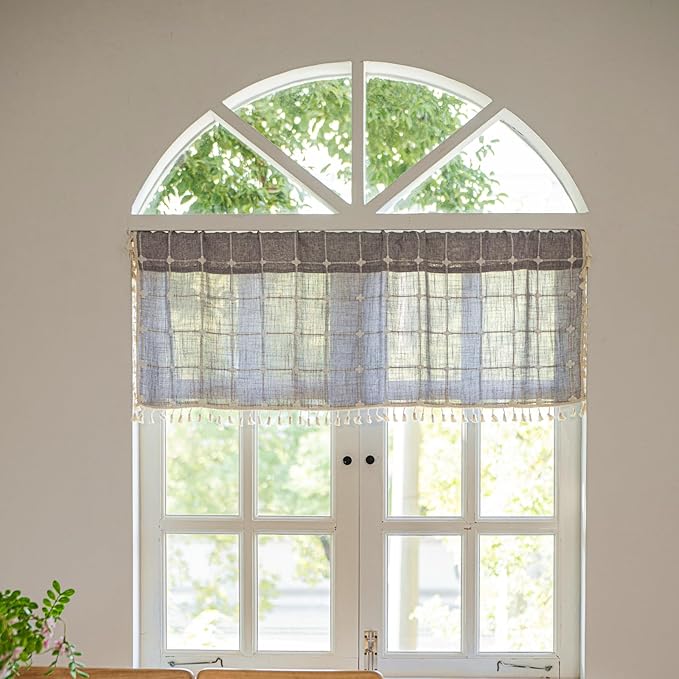 Deeprove Boho Curtain Valance18 Inches Long for Kitchen Cafe Closet, Cotton Linen Gray Plaids Embroidered Short Bohemian Farmhouse Window Treatment Grids Drape Tassels, 1 Panel W52 x L18 Grey