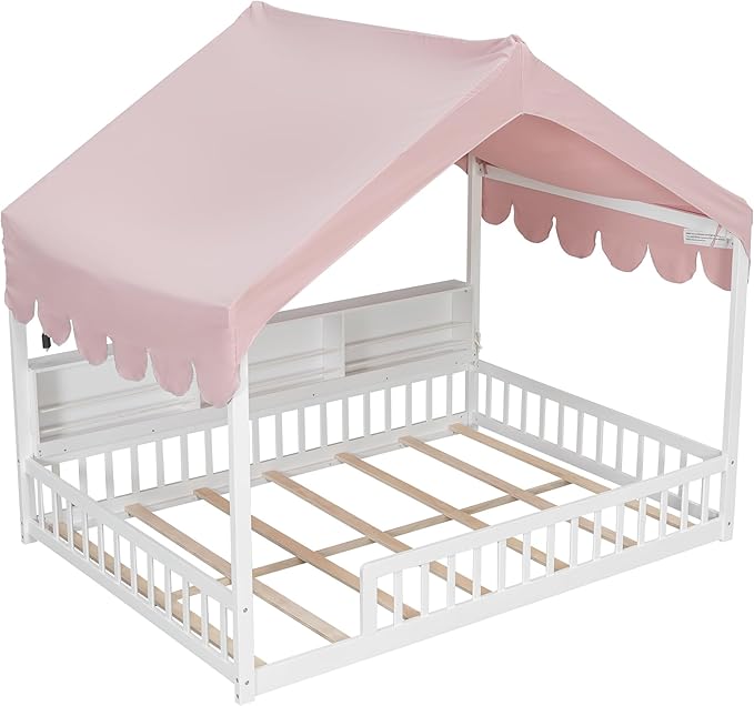 Merax Full Size Montessori Floor Bed for Kids Toddler, House Shaped Kids Full Bed Frame with Safety Guardrail, Curtain & Lights, Side Storage Bookshelves, Solid Wood Slats, Easy Assembly, Pink