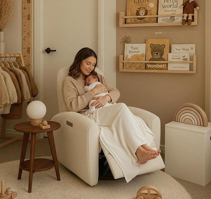 Watson & Whitely Power Recliner Chairs, Swivel Nursery Recliner Glider with Pillow Lumbar Support & Solid Wood Base for Living Room, Cream