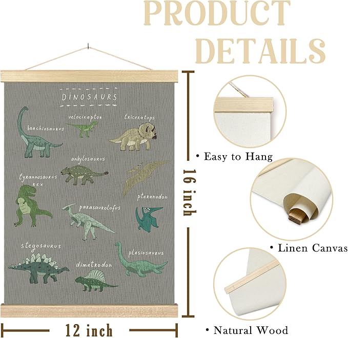 BCUANGD Dinosaur Dino Wall Decor - Gray Baby Toddler Boys Room Wall Art Poster Hanger with Wood Frames, Inspirational Wall Hanging Canvas Decor for Kids Room Nursery Bedroom, 12x16 Inches