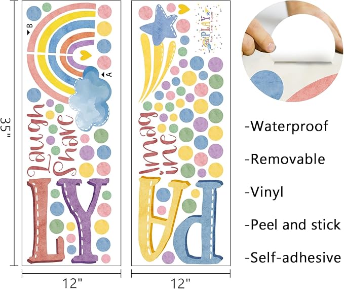 Mfault Playroom Wall Decals Stickers, Inspirational Play Share Laugh Imagine Quotes Nursery Classroom Decorations Bedroom Art, Rainbow Polka Dots Neutral Toddlers Kids Room Decor Gifts