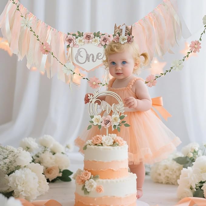 Wildflower 1st High Chair Banner Birthday Party Decorations for Girl Light Pink One Flower Cake Topper 1st Birthday Decorations Supplies