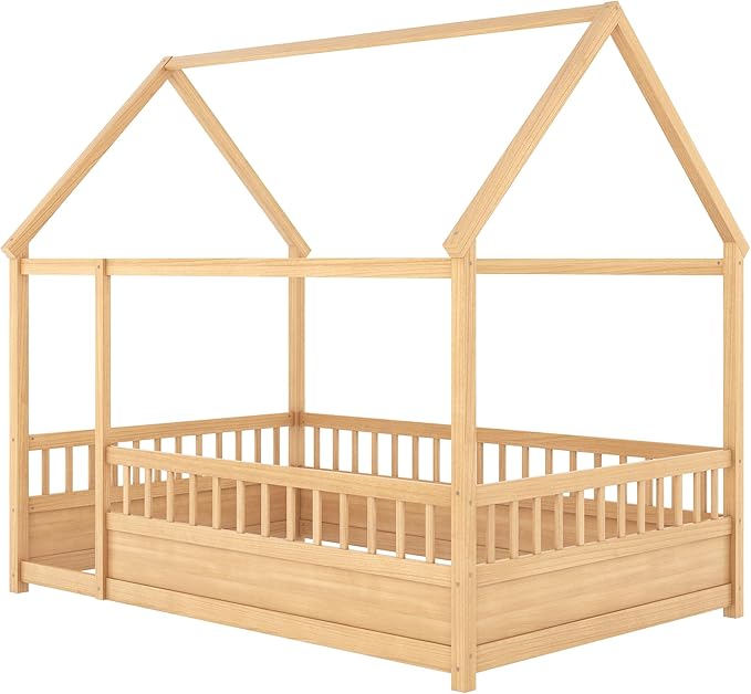 Full Size House Bed with High Fence for Kids,Full Floor Bed Frame, Kids Montessori Bed Full Size,Solid Wood House Bed Frame for Boys,Girls,Natural