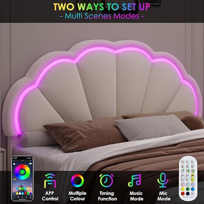 HIFIT Queen Upholstered Smart LED Bed Frame with Adjustable Chic Petal Headboard, Soft Princess Queen Size Platform Bed Frame for Girls, Wooden Slat Support, No Box Spring Needed, Easy Assembly, Beige