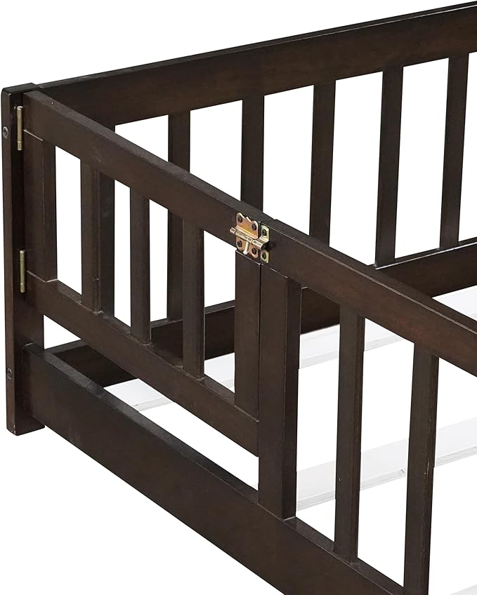 Queen Size Montessori Floor Bed Frame with Convertible Door & Wood Slats for Kids,Wood Montessori Bed with Safety Guardrails for Girls & Boys,Espresso