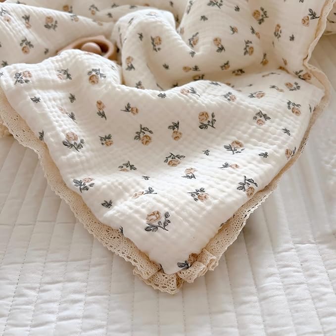 BuLuTu Muslin Cotton Kids Bed Blankets Rose Floral Pattern, 60x78 Inches, Lightweight Children Comforter Toddler Girls Quilts for Twin Bed, Soft Breathable, Machine Washable