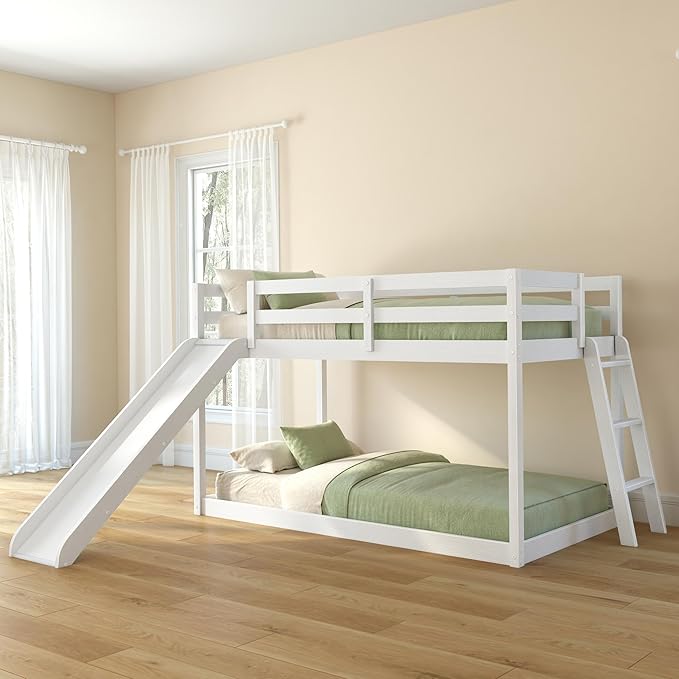 Grain & Grove Bear Twin Over Twin Bunk Bed with Slide, Low Bunk Bed Frame for Kids, Bunk with Ladder, Guardrail, and Slats, No Box Spring Required, Brushed White