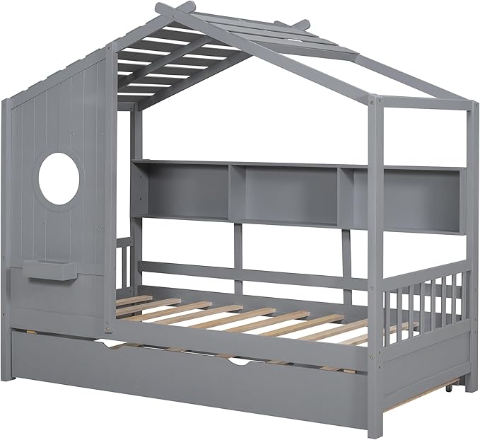 Merax Twin Size House Bed with Trundle for Kids, Twin House Shaped Bed Frame with Storage Shelfves, Farmhouse Wood Low House Bed Frame Twin Size with Roof, No Box Spring Needed, Grey