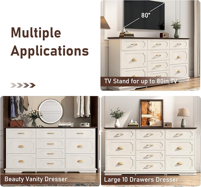 70inch Large Long Dresser w/Charging Station,10 Drawer Dresser w/Deep Big Drawers,Wooden Chest of Drawers w/Power Outlet,White Dressers for Bedroom,Living Room,Entryway