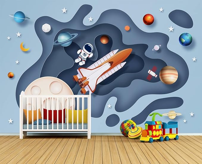 Space Wallpaper for Boys Room Cartoon Planet Astronauts Wall Murals for Kids Room Bedroom（Not Peel and Stick）
