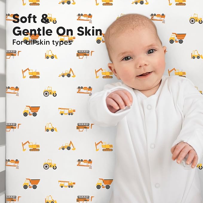 KeaBabies 2-Pack Baby Crib Sheets for Boys, Girls - 52x28 Viscose Derived from Bamboo Toddler Bed Sheets Neutral, Fitted Crib Mattress Cover for Standard Baby Bedding, Soft & Cozy (Construction)