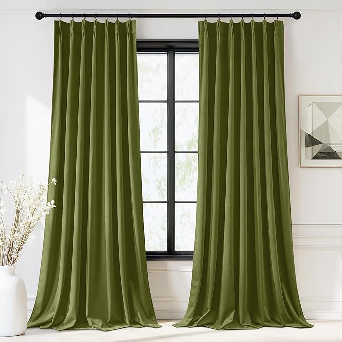 StangH Super Soft Velvet Curtains for Bedroom, Olive Green Pinch Pleated Curtains with Privacy Solid Thermal Insulated Track System Drapes for Home Office, W40 x L90, 2 Panels