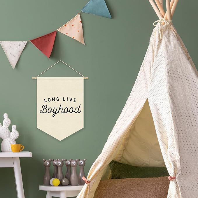 Boy Room Decor,Long Live Boyhood Canvas Banner Nursery Playroom Wall Decor for Boys Bedroom Toddler Decorations Teen Boy Room Decor,Playroom Decor Wall Hanging Flag 15x11 Inch（White)