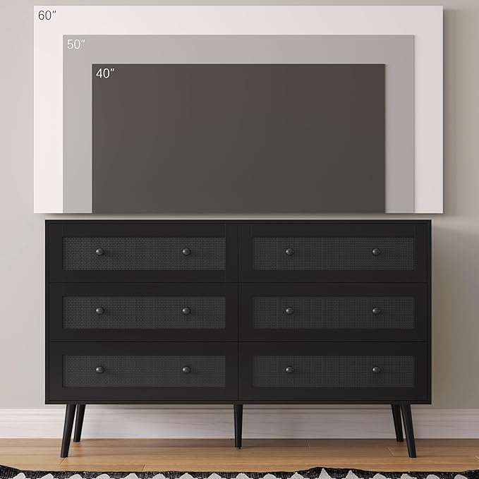 6 Drawer Dresser for Bedroom, 47.3" Rattan Chest of Drawers with Wooden Knobs, Natural Wood Dresser for Closet TV Stand Storage Organizer for Bedroom, Hallway, Office, Black