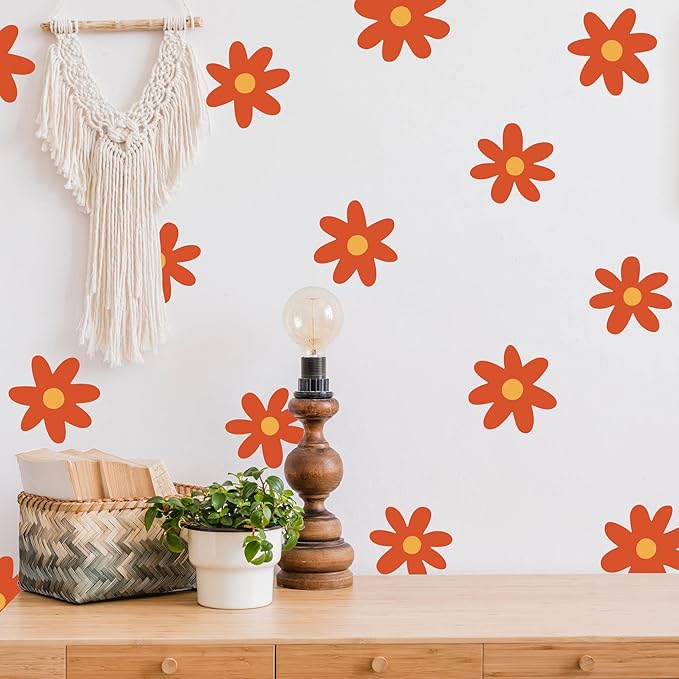 A Room with Flower Vinyl Daisy Wall Decals, Peel and Stick Floral Stickers for Nursery, Kids Bedroom Livingroom Home Wall Art Decor-Burnt Orange