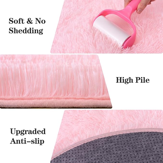 Round Pink Rug for Bedroom, 7ft Circle Area Rugs for Living Room, Soft Fluffy Shag Carpet for Girls Teen Nursery Room Dorm Home Decor Aesthetic