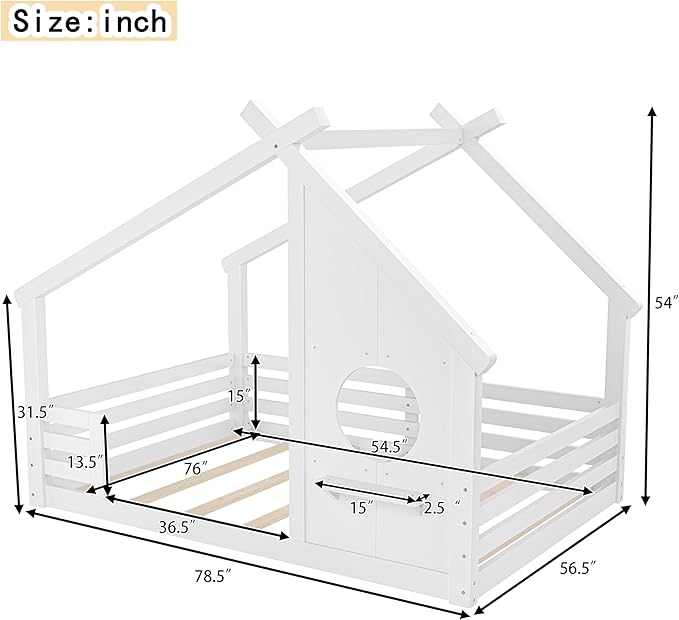 SOFTSEA Full Size House Bed Frame with Roof, Kids Floor House Bed with Window and Storage Shelf for Boys Girls, Wood Montessori Bed with Roof and Guardrails, White