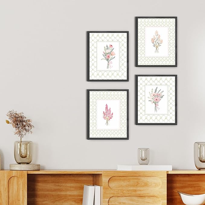 JINYO Rustic Green Plaid Floral Wall Art Prints Set of 4, Floral Room Decor, Boho Cottagecore Botanical Wildflower Posters Pictures Wall Decor Home Bedroom Living Room, 8x10 Unframed