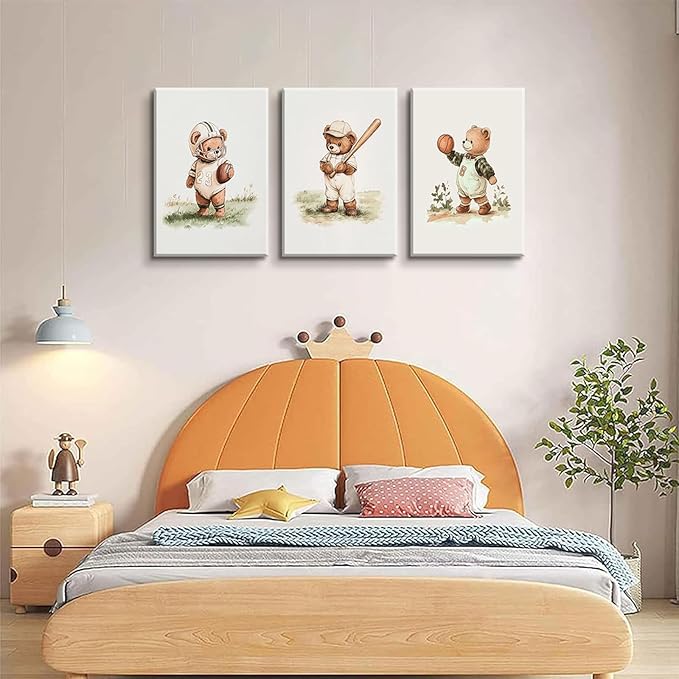 3Pcs Nursery Teddy Bear Canvas Wall Art Vintage Sports Bear Wall Decor Sports Boys'Room Artwork Prints Basketball Football Baseball Painting Pictures for Children's Room Boys' Room (12x16in Canvas)