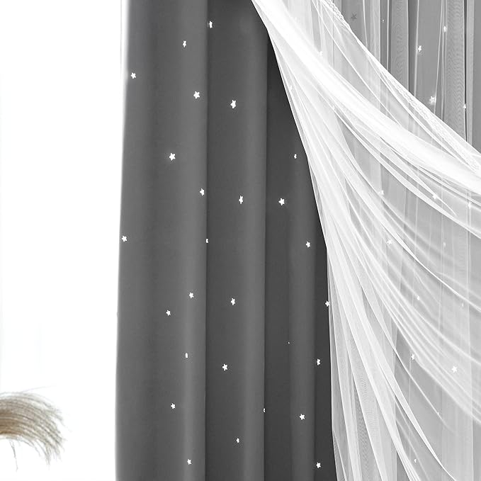 Kinryb Kids Blackout Curtains for Bedroom/Living Room/Classroom, Sheer Overlay 2 Panel Set, Double Layer Curtains with Star Cutout for Kids Room(Each Piece W 70 x L 95 Inches 2 Pcs Grey)