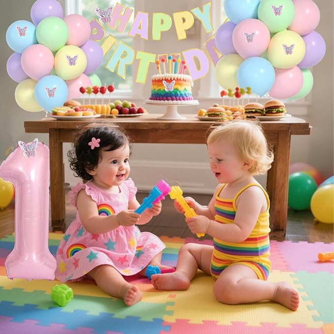 Pastel First Birthday Decorations -12 inch Pastel Balloons, 40 Inch Pink 1 Balloons, 3D Butterflies Stickers, Happy Birthday Banner For Baby Girl 1st BD Party Decorations