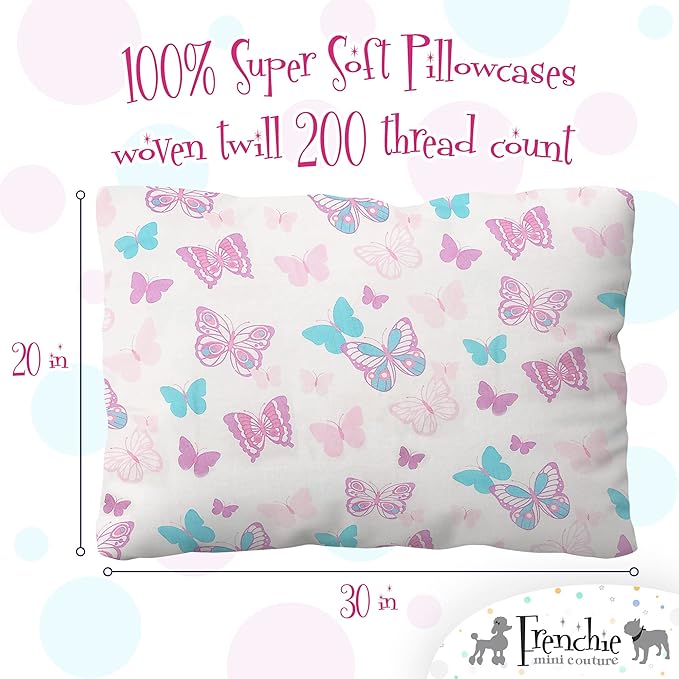Frenchie Mini Couture, 2-Piece Kids Twin Sheets Set, 100% Woven Cotton, Deep Pocket Bed Sheet 39 x 75 x 15in + Pillowcase 20 x 30, Butterfly (White)