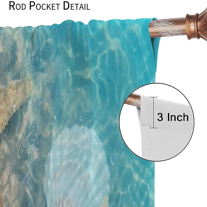 Beach Curtain for Bathroom Decor，Sea Turtle Starfish Seashell Nautical Ocean Coastal Scenery Art Printed Fabric Polyester Waterproof Set 2 Panels,55x63 Inches