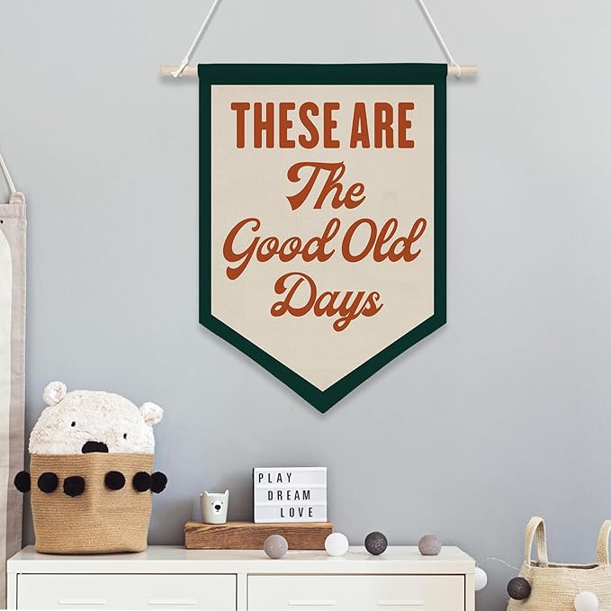 Welcome Banner Wall Art,These Are The Good Old Days Banner Hanging Wall Canvas Poster,Nostalgic Inspirational Quote Hanging Pennant Flag Prints,Positive Home Bedroom Wall Decor(Red)