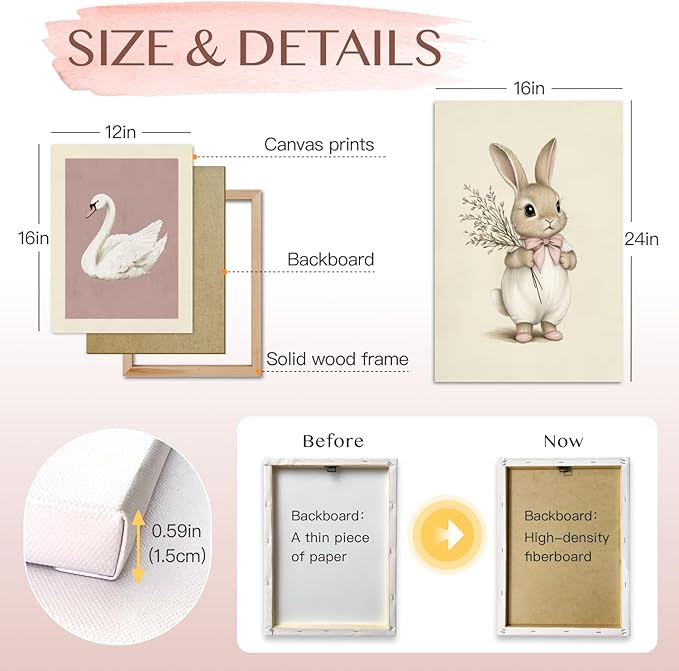 Hianan Pink Baby Girl Nursery Wall Decor Cute Bunny Wall Art Cozy Rabbit Canvas Artwork Elegant Swan Poster Prints Vintage Hot Air Balloon Painting Prints for Kid's Room Baby Room Framed 12"x16"x3